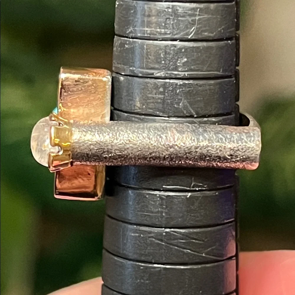 WOW! Artisan Turquoise Moonstone Sterling Silver Modernist Abstract Square Ring